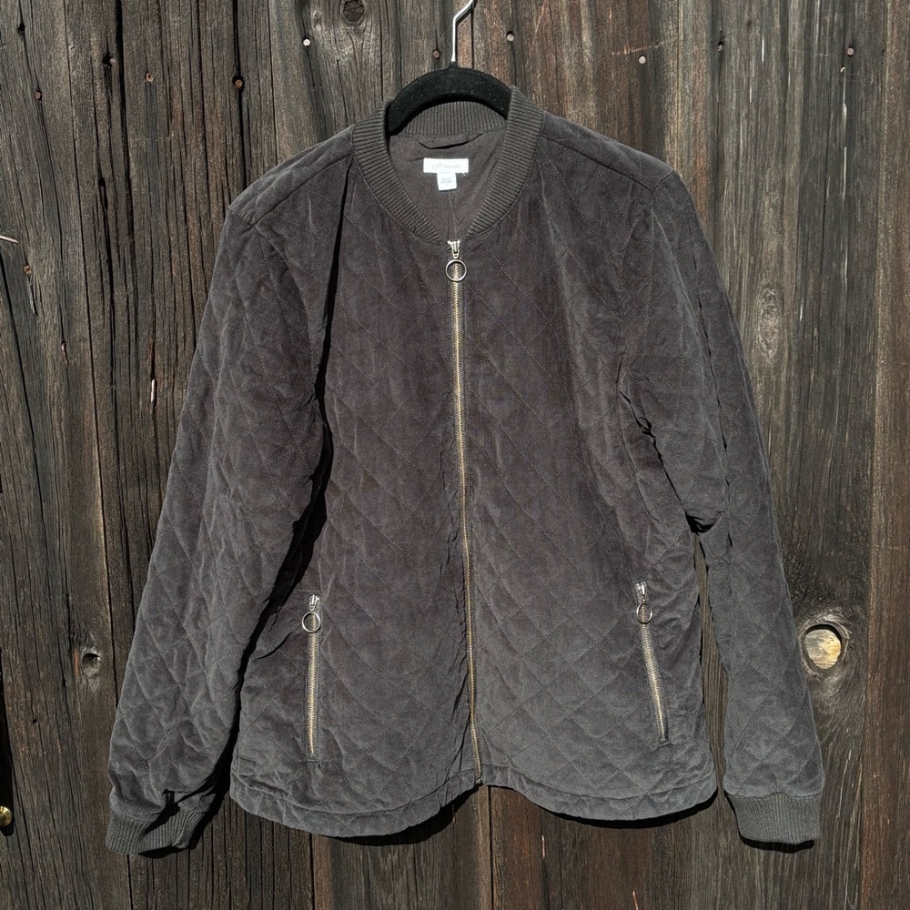 J. Jill Corduroy Quilted Velvet Jacket in dark gray Zipper front Size S NWT